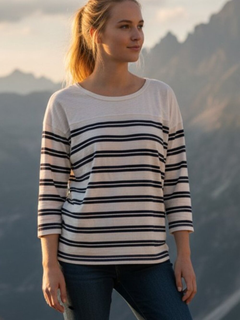 Classic J.Crew striped cotton top 3/4 sleeves Cream Black Size XS